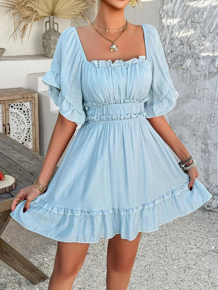 Light Blue Ruffle Mini Dress Off Shoulder Summer Dress