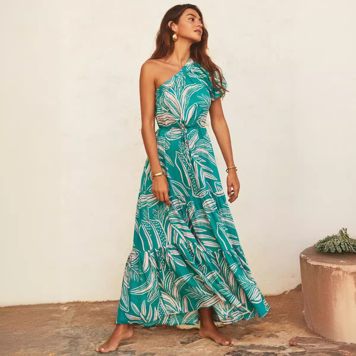 One Shoulder Tropical Print Ruffle Sleeve Tiered Maxi Dress