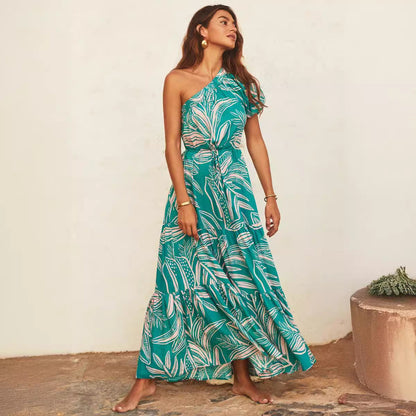 One Shoulder Tropical Print Ruffle Sleeve Tiered Maxi Dress