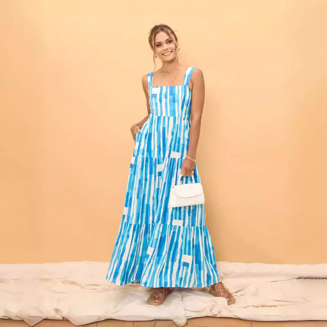 Square Neck Tiered Abstract Stripe Print Spaghetti Strap Maxi Dress