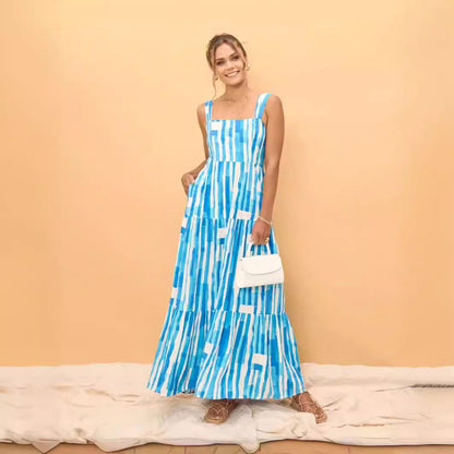 Square Neck Tiered Abstract Stripe Print Spaghetti Strap Maxi Dress