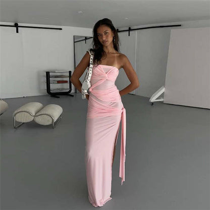 Strapless Twisted Knot Ruched Mesh Panel Draped Side Slit Maxi Dress
