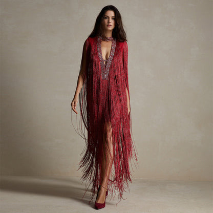 Red Tassel Sequ Party Slim Design Dress