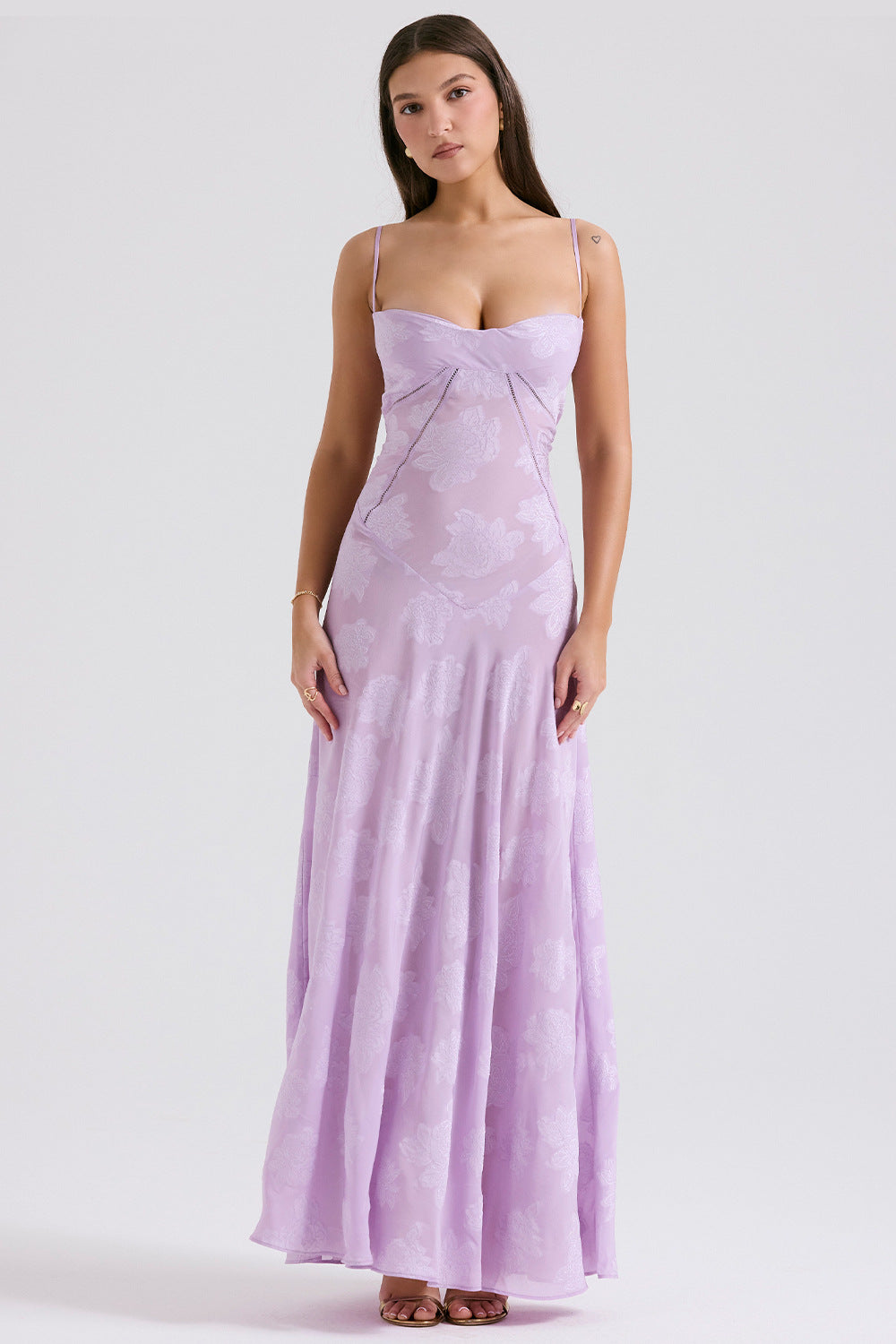 Floral Jacquard Corset Bodice Spaghetti Strap Lace-Up Back Floor-Length Gown