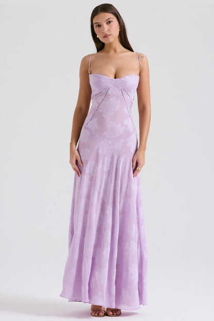 Floral Jacquard Corset Bodice Spaghetti Strap Lace-Up Back Floor-Length Gown