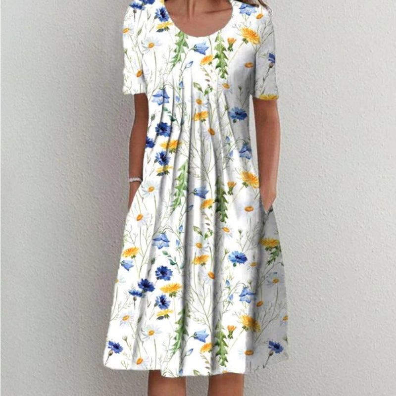Wildflower Print Pleated Scoop Neck Pocket Midi Dress