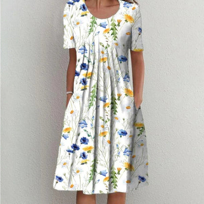 Wildflower Print Pleated Scoop Neck Pocket Midi Dress