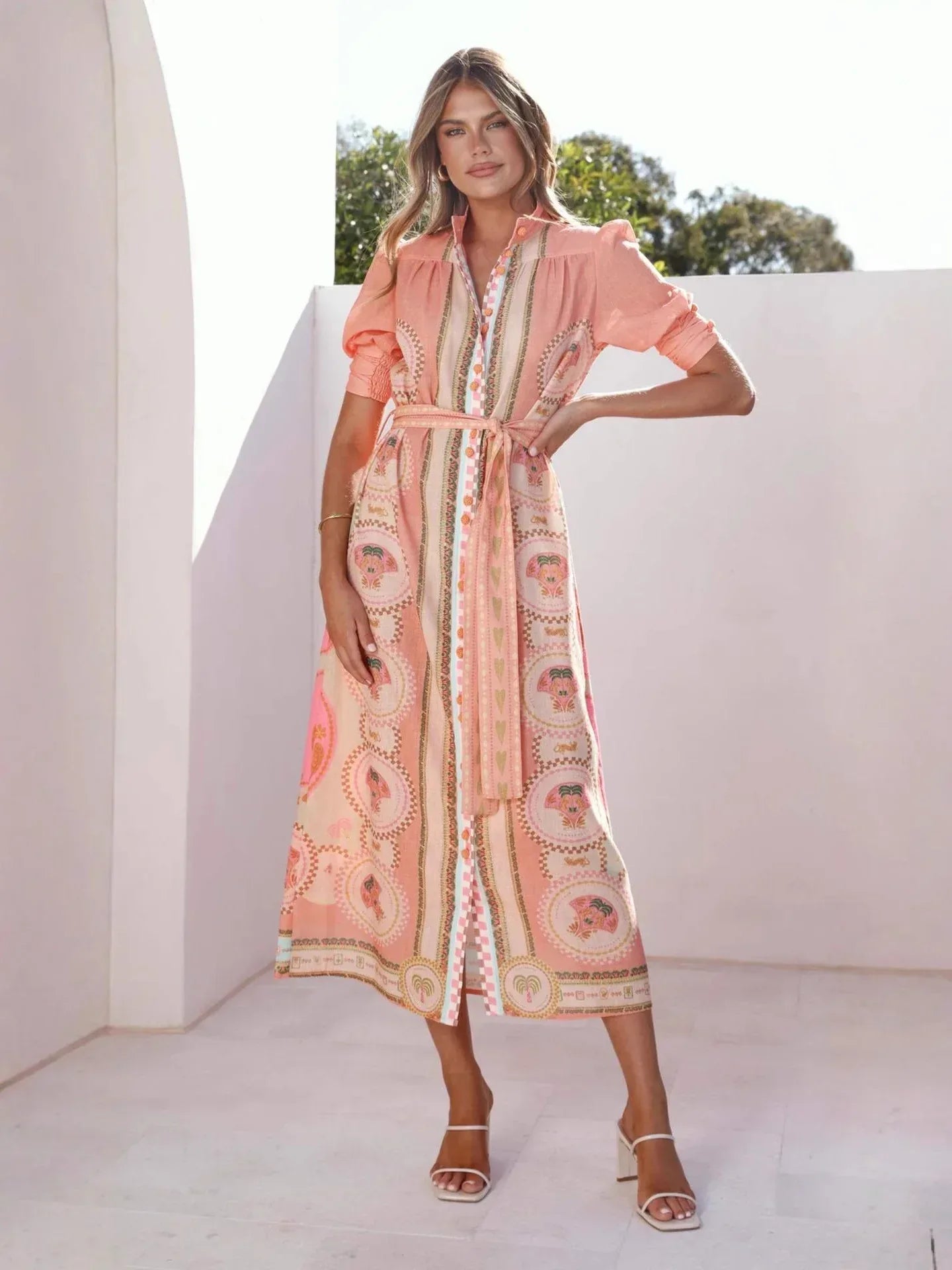 Peach print linen waist tie women maxi dress