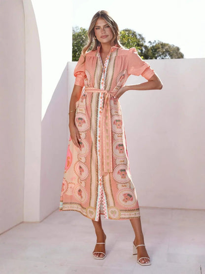 Peach print linen waist tie women maxi dress