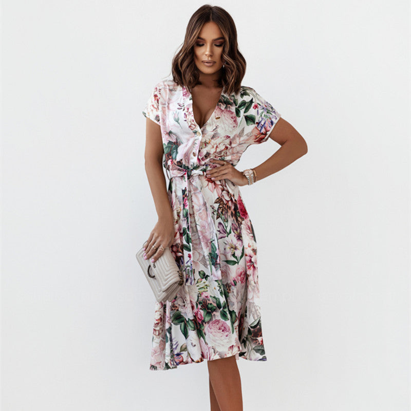 Large Floral Print Button Front Tie Waist Shirt Midi Dress