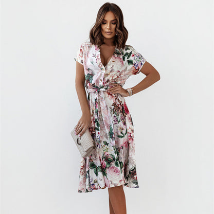 Large Floral Print Button Front Tie Waist Shirt Midi Dress