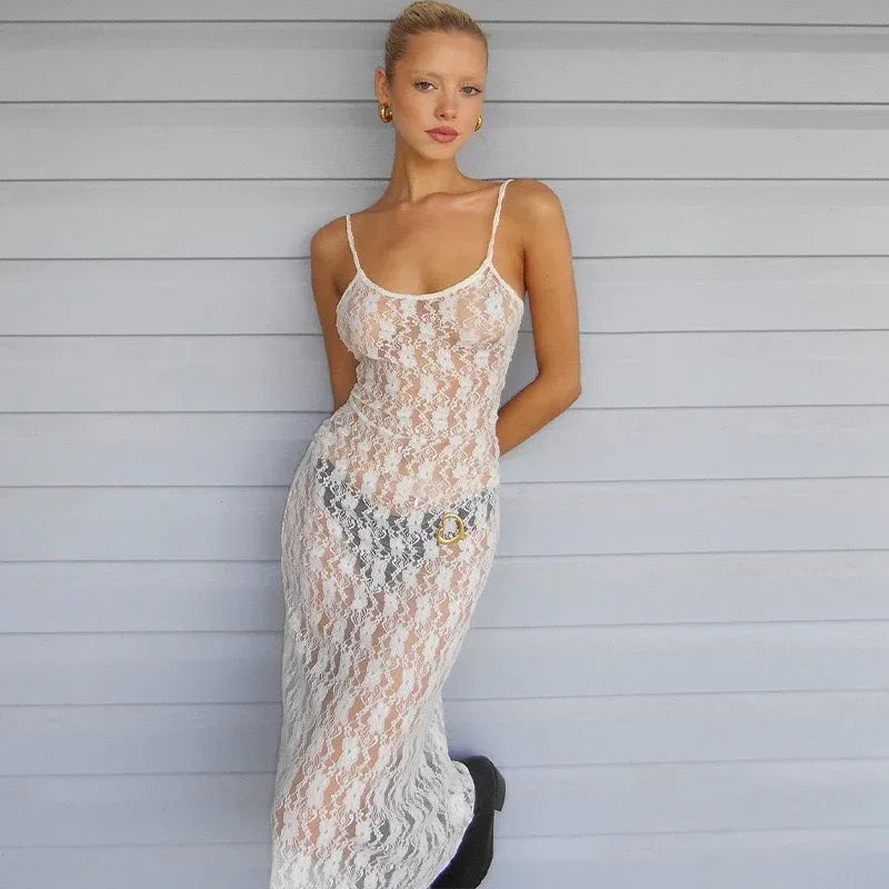 Sheer lace camisole midi dress for women