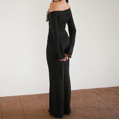 Elegant Oblique Shoulder Long Sleeve Solid Color Formal Dress