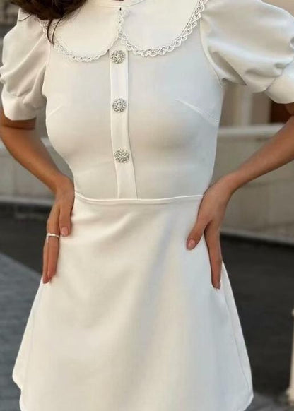 Peter Pan Collar Rhinestone Button Puff Sleeve A-Line Mini Dress