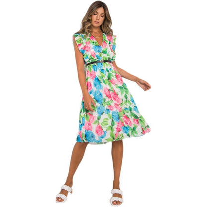 Large Floral Print Surplice V-Neck Ruffle Shoulder Pleated Belted Midi Dress