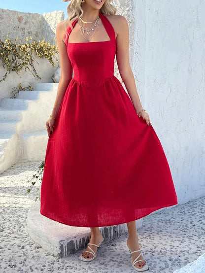 Red Maxi Dress with Halter Neckline and Backless Fit