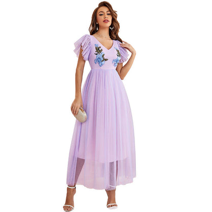 Mesh Dress V neck High Waist Short Sleeve A line Fairy Dress