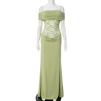 Women's Spring/Summer New Solid Color Off Shoulder Splicing Lace Extra Long Slimming Dress