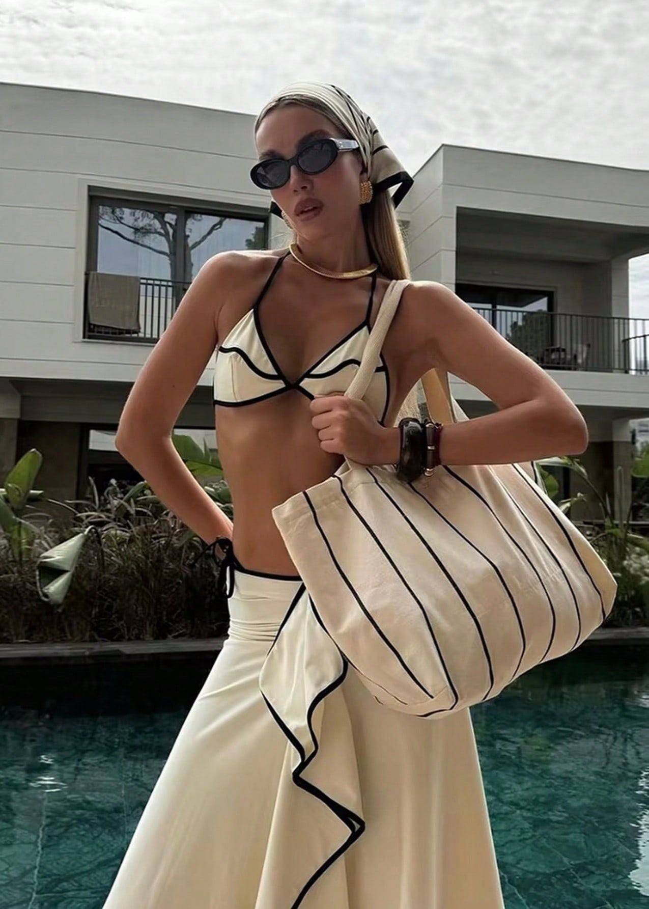 Tivara - Three-Piece Contrast Trim Bikini & Maxi Skirt Set