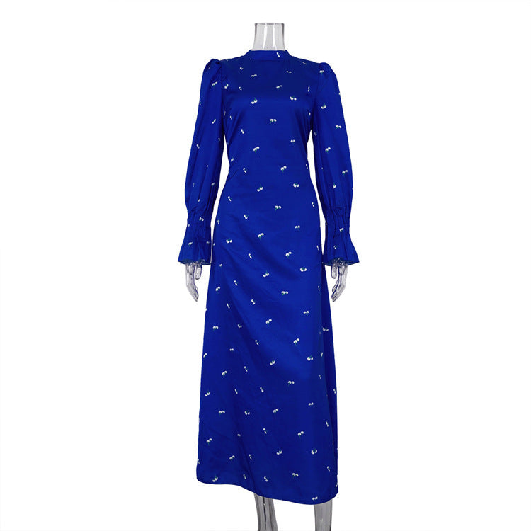 Printed round Neck Long Sleeved Dress Waist Controlled Drape Satin Dress