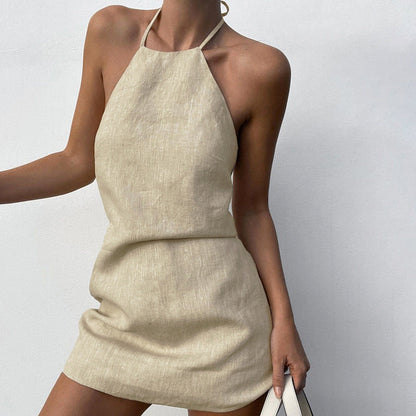Cotton Linen Dress Backless Halter Lace up A line Dress