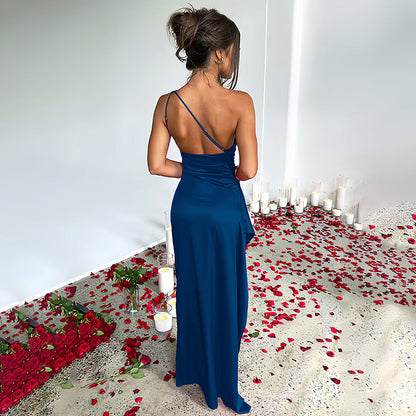 One Shoulder Ruched Satin High Slit Floor Length Maxi Gown