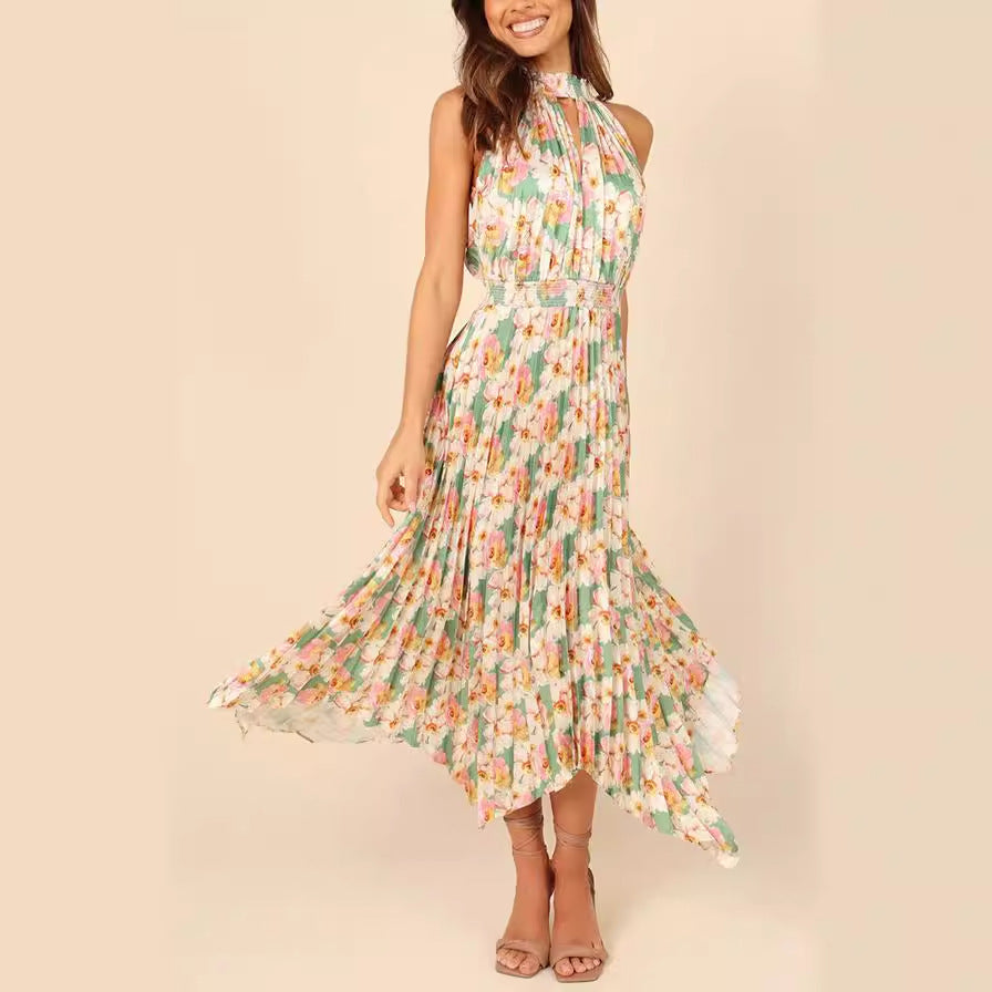 Printing Folding Solid Color Sleeveless Halter V neck Asymmetric Dress