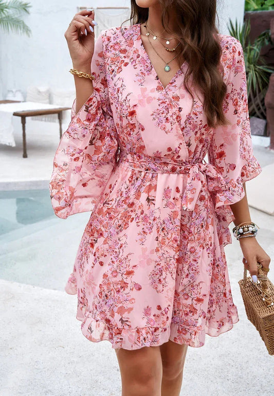 Ruffle Floral Wrap Mini Dress – Pink Bloom Edition