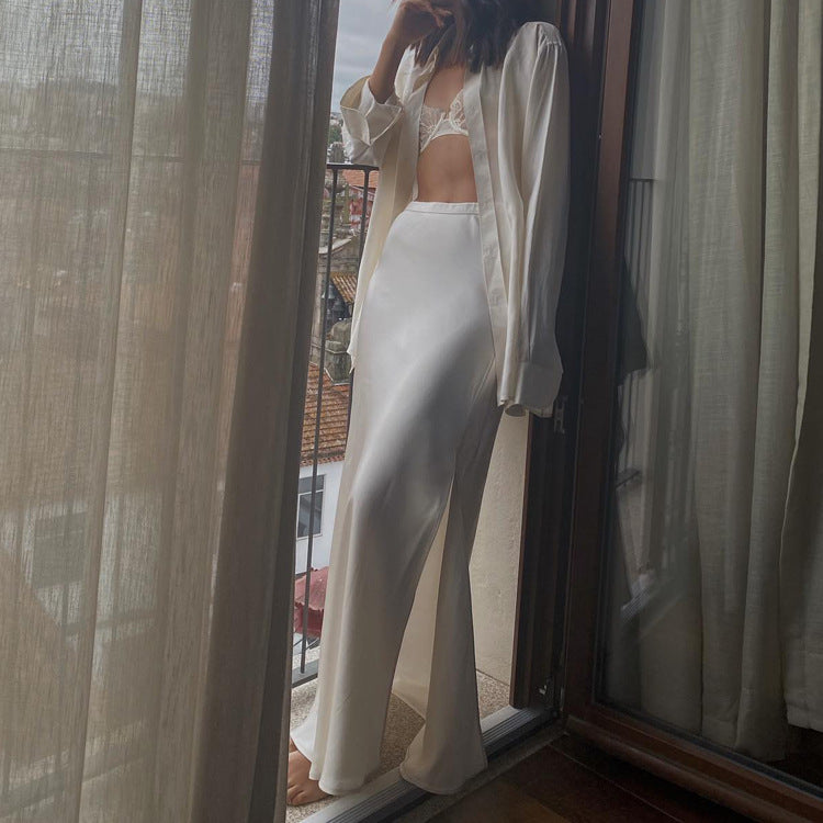 High Waist Satin Bias Cut Draped Pool Hem Maxi Skirt