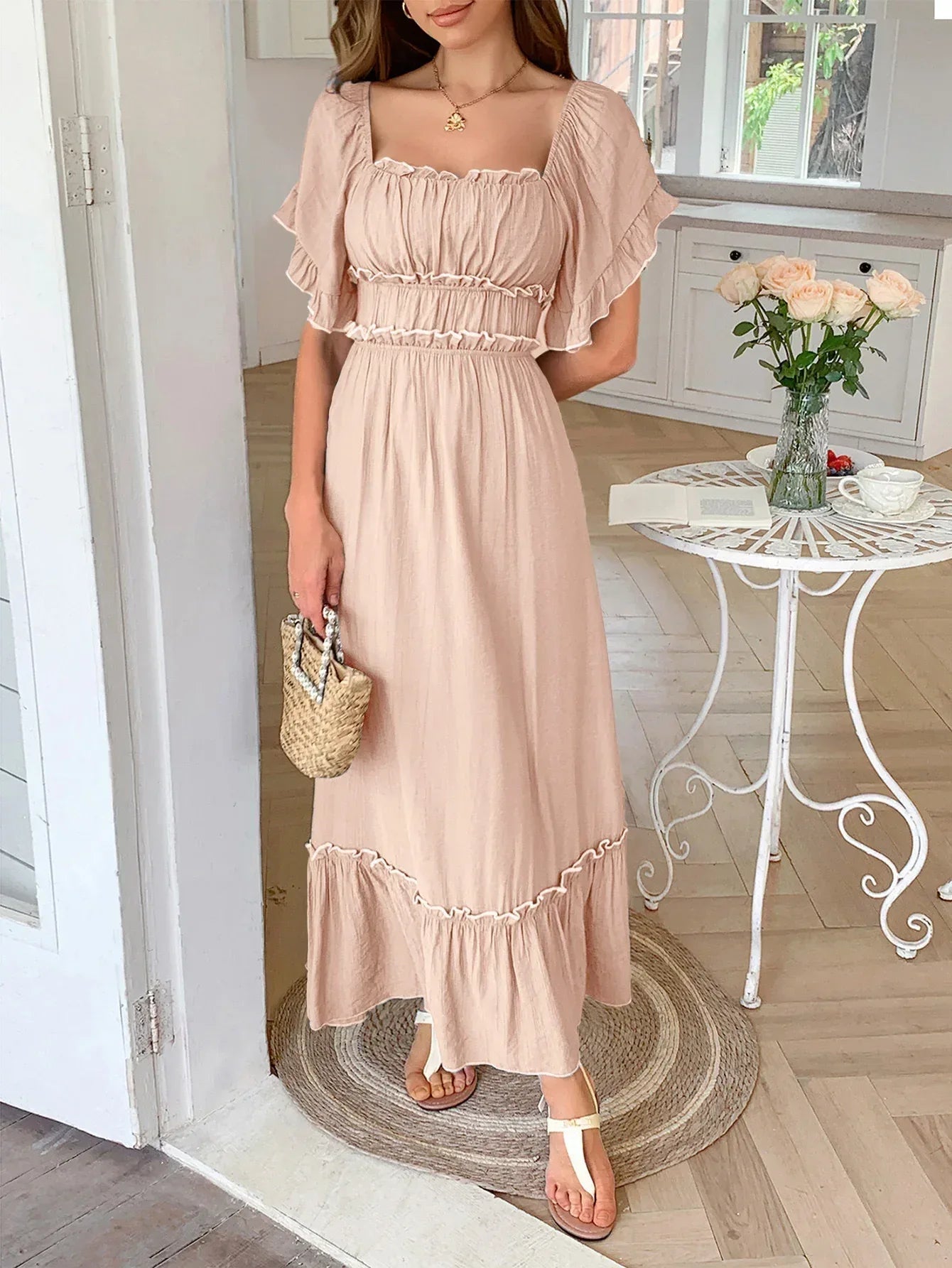 Ruched Contrast Trim Maxi Dress Midi