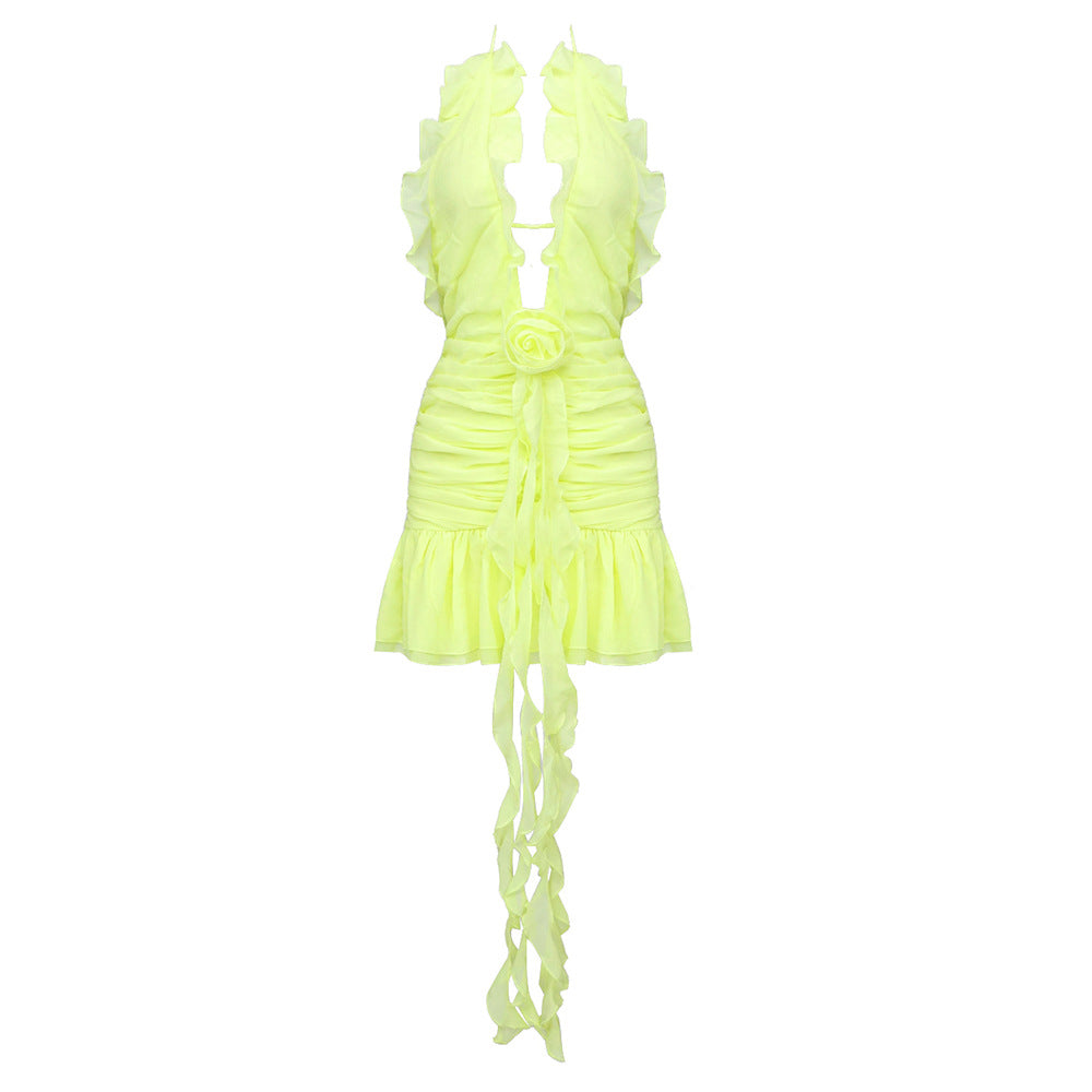 Fall Chiffon Floral Dress Yellow Pink Barbie See through Sling