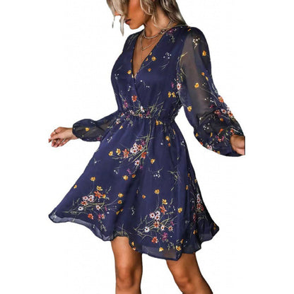 Ditsy Floral Print Surplice V-Neck Balloon Sleeve Elastic Waist Mini Dress