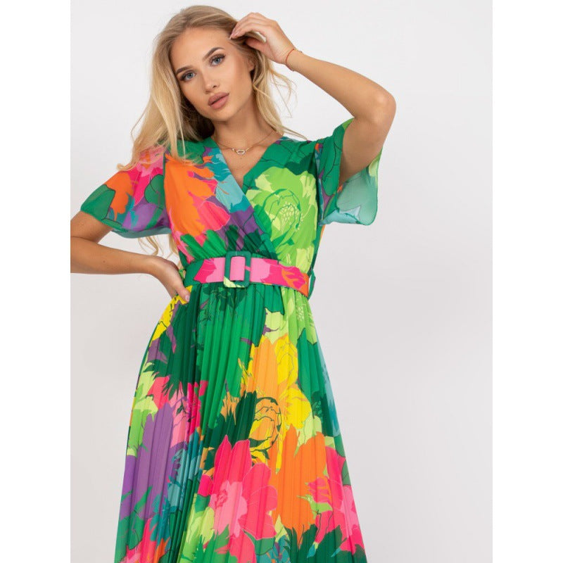Tropical Floral Print Wrap V-Neck Flutter Sleeve Accordion Pleated Midi Dress