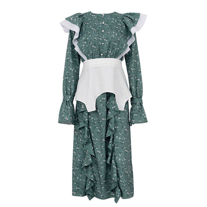 French Design Long Sleeve Dress Detachable Waist Seal Casual Floral Dress