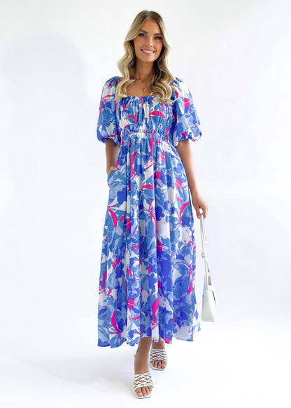 Arrival Printed Square Collar Short Sleeve Waist Controlled Large Swing Dress for