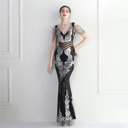 Positioning Floral Heavy Industry Beaded Long Fish Tail Evening Dress Suitable Attending Formal Occasions