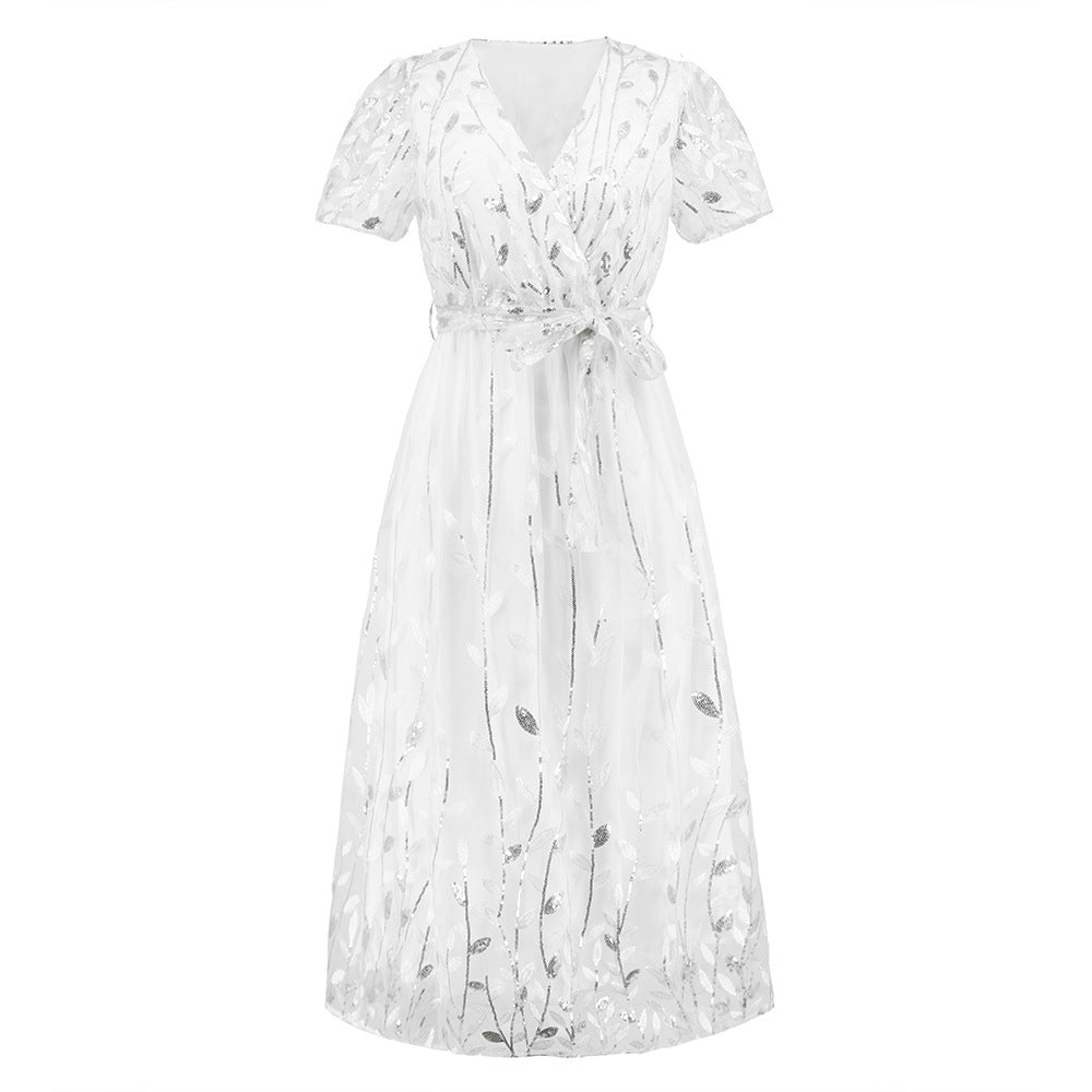 Embroidered Bright Yarn Mesh DressSlim Fit V neck Mid Length Dress