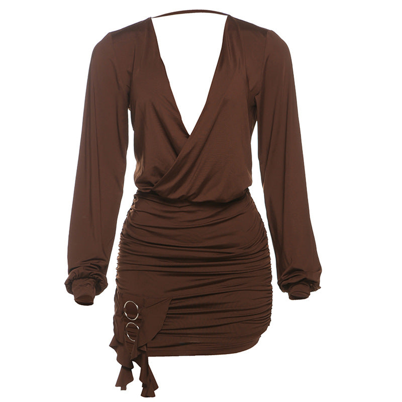 Deep V Plunge neck Backless Solid Color Ruffle Hip