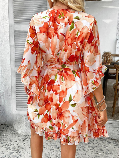 RUFFLE FLORAL WRAP MINI DRESS ORANGE SUMMER