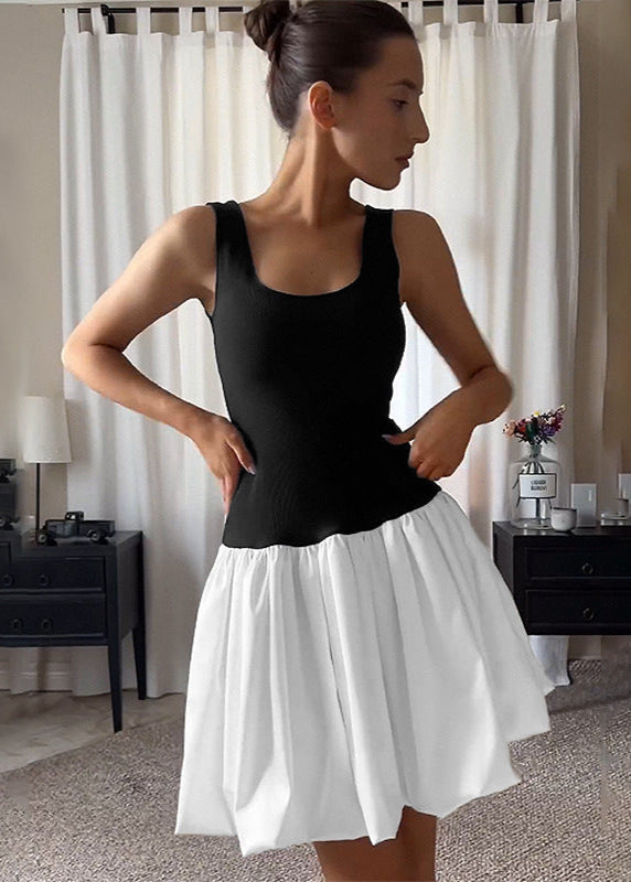 Scoop Neck Colorblock Knit Bodice Gathered Skirt Fit and Flare Mini Dress