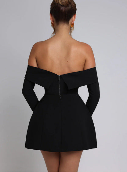 Off Shoulder Foldover Collar Long Sleeve Pocket Flap Structured Fit and Flare Mini Dress