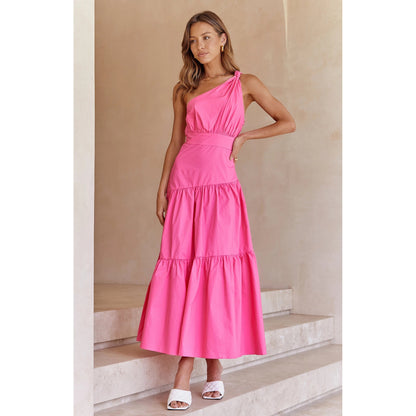 One-Shoulder Knotted Solid Color Fresh Long Sweet Dress