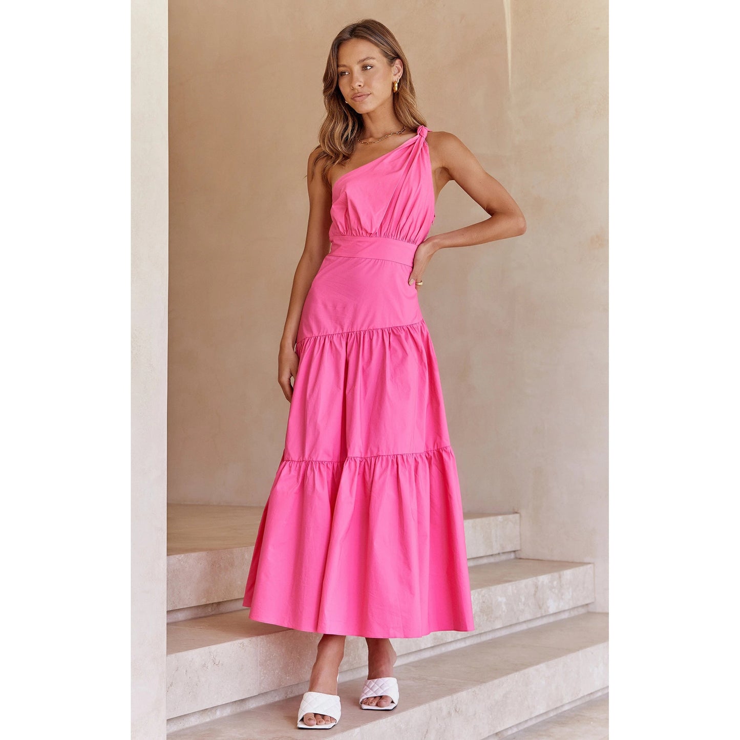 One-Shoulder Knotted Solid Color Fresh Long Sweet Dress