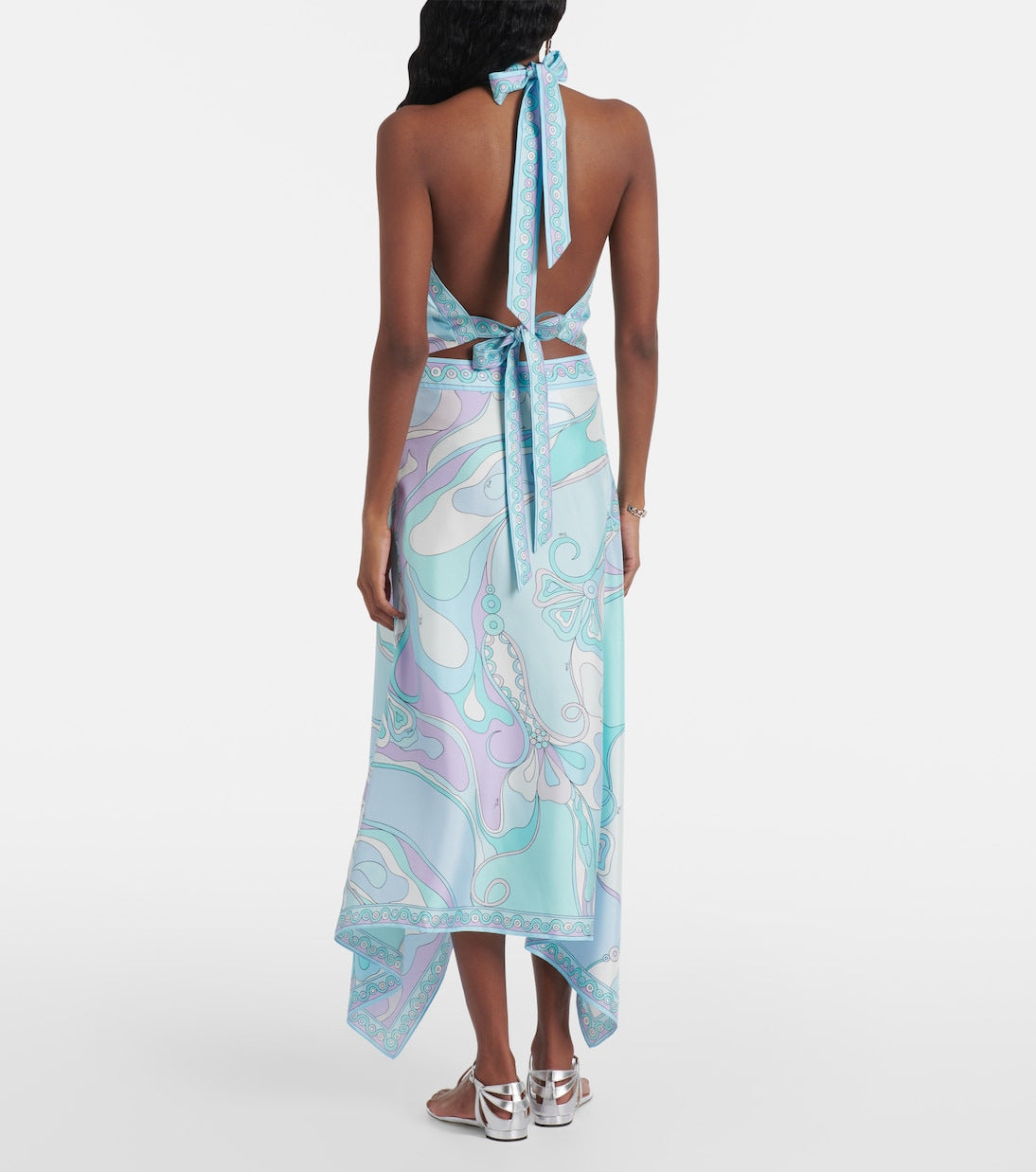 Satin Unique Print Halter Top and Irregular Midi Skirt Set