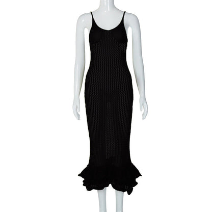 Personalized Sling Backless Wooden Ear Knitted Slim Fit Maxi Dress