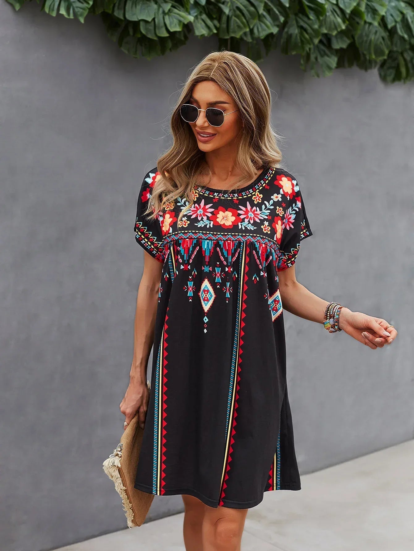 Boho Embroidered Black Babydoll Mini Dress