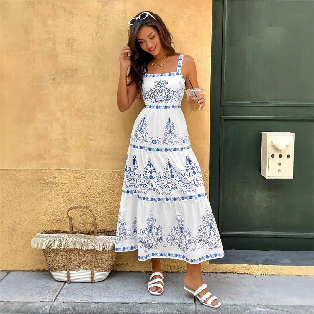 Floral Embroidered Square Neck Tiered Elastic Waist Maxi Dress