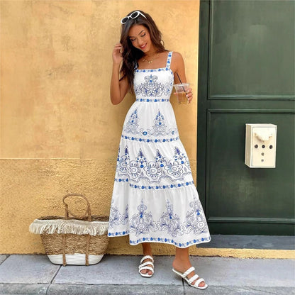 Floral Embroidered Square Neck Tiered Elastic Waist Maxi Dress