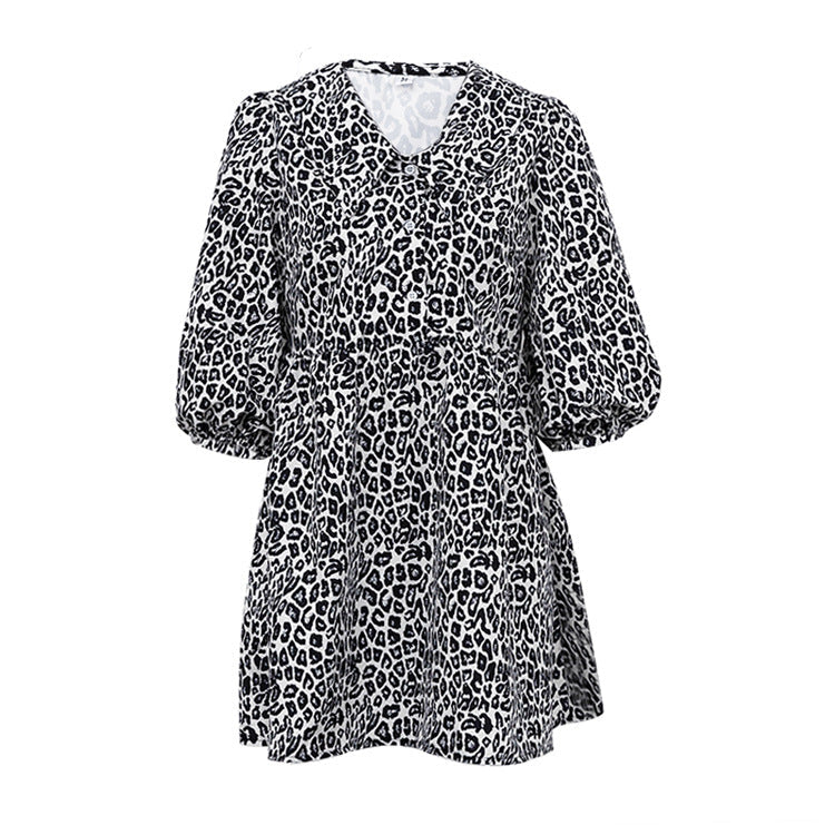 Peter Pan Collar Leopard PrintElegant Dress Half Sleeve A line Dress