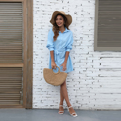 Kye Satin Striped Button Down Tie Dress